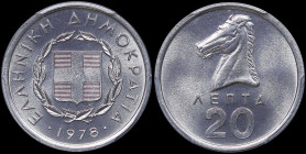 GREECE: 20 Lepta (1978) in aluminum. National coat of arms and inscription "ΕΛΛΗΝΙΚΗ ΔΗΜΟΚΡΑΤΙΑ" on obverse. Horse head on reverse. Inside slab by PCG...