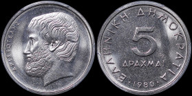 GREECE: 5 Drachmas (1980) (type I) in copper-nickel. Value and inscription "ΕΛΛΗΝΙΚΗ ΔΗΜΟΚΡΑΤΙΑ" on obverse. Head of Aristotle facing left on reverse....