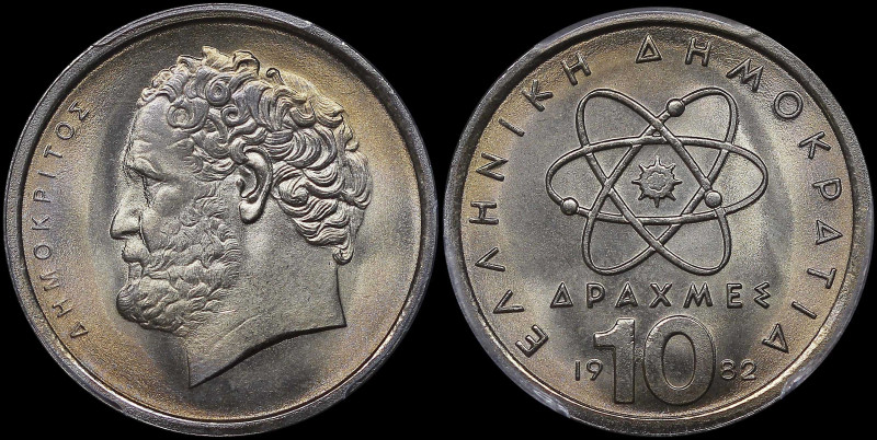 GREECE: 10 Drachmas (1982) (type Ia) in copper-nickel. Atom and inscription "ΕΛΛ...