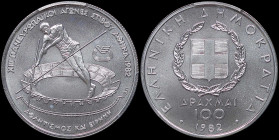 GREECE: 100 Drachmas (1982) in silver (0,900) commemorating the XIII Pan-European Track and Field Events - Athens 1982 / part of "ΑΘΛΗΤΙΣΜΟΣ ΚΑΙ ΕΙΡΗΝ...