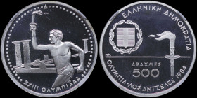 GREECE: 500 Drachmas (1984) in silver (0,900) commemorating the XXIII Los Angeles Olympic Games. National arms and torch on obverse. Torch bearer on r...