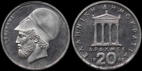 GREECE: 20 Drachmas (1988) (type Ia) in copper-nickel. Temple of Apteros Nike and inscription "ΕΛΛΗΝΙΚΗ ΔΗΜΟΚΡΑΤΙΑ" on obverse. Head of Pericles facin...