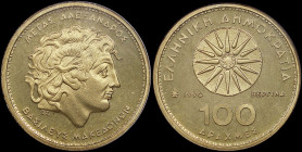 GREECE: 100 Drachmas (1990) in copper-aluminum. Star of Vergina and inscription "ΕΛΛΗΝΙΚΗ ΔΗΜΟΚΡΑΤΙΑ" on one side. Head of Alexander the Great facing ...