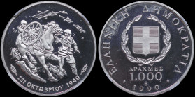 GREECE: 1000 Drachmas (1990) in silver (0,900) commemorating the 50th anniversary of October 28, 1940. Soldiers and horse with mountains on background...