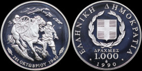GREECE: 1000 Drachmas (1990) in silver (0,900) commemorating the 50th anniversary of October 28, 1940. Soldiers and horse with mountains on background...