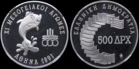 GREECE: 500 Drachmas (1991) in silver (0,900) commemorating the XI Mediterranean Games. Dolphin, logo of the Games and inscription "ΧΙ ΜΕΣΟΓΕΙΑΚΟΙ ΑΓΩ...