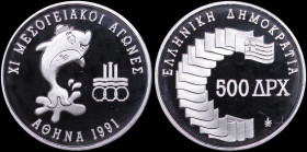 GREECE: 500 Drachmas (1991) in silver (0,900) commemorating the XI Mediterranean Games. Dolphin, logo of the Games and inscription "ΧΙ ΜΕΣΟΓΕΙΑΚΟΙ ΑΓΩ...