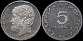GREECE: 5 Drachmas (1993) (type Ia) in copper-nickel. Value and inscription "ΕΛΛΗΝΙΚΗ ΔΗΜΟΚΡΑΤΙΑ" on obverse. Head of Aristotle facing left on reverse...
