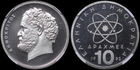 GREECE: 10 Drachmas (1993) (type Ia) in copper-nickel. Atom and inscription "ΕΛΛΗΝΙΚΗ ΔΗΜΟΚΡΑΤΙΑ" on obverse. Head of Democritos facing left on revers...