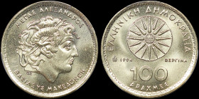 GREECE: 100 Drachmas (1994) (type I) in copper-aluminum. Star of Vergina and inscription "ΕΛΛΗΝΙΚΗ ΔΗΜΟΚΡΑΤΙΑ" on obverse. Head of Alexander the Great...