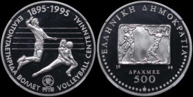 GREECE: 500 Drachmas (1994) in silver (0,925) commemorating the Volleyball Centennial 1895-1995. Presentation of volleyball game and the logo of FIVB ...