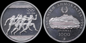 GREECE: 1000 Drachmas (1996) (type I) in silver (0,925) commemorating the 1896 Athens Olympics Centenary. Ancient runners on obverse. Panathenaic stad...