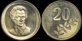 GREECE: 20 Drachmas (2000) (type II) in copper-aluminum. Value and inscription "ΕΛΛΗΝΙΚΗ ΔΗΜΟΚΡΑΤΙΑ" on obverse. Bust of Dionysios Solomos facing on r...