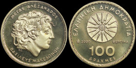 GREECE: 100 Drachmas (2000) (type I) in copper-aluminum. Star of Vergina and inscription "ΕΛΛΗΝΙΚΗ ΔΗΜΟΚΡΑΤΙΑ" on one side. Head of Alexander the Grea...