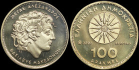 GREECE: 100 Drachmas (2000) (type I) in copper-aluminum. Star of Vergina and inscription "ΕΛΛΗΝΙΚΗ ΔΗΜΟΚΡΑΤΙΑ" on one side. Head of Alexander the Grea...