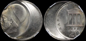 GREECE: 20 Drachmas (19XX) (type I) in copper-nickel. Temple of Apteros Nike and inscription "ΕΛΛΗΝΙΚΗ ΔΗΜΟΚΡΑΤΙΑ" on obverse. Head of Pericles facing...