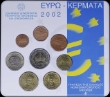 GREECE: Euro coin set (2002) composed of 1, 2, 5, 10, 20 and 50 Cent & 1 and 2 Euro. Inside official blister issued by the Bank of Greece. (Hellas M.1...