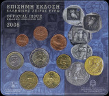 GREECE: Euro coin set (2005) composed of 1, 2, 5, 10, 20 and 50 Cent & 1 and 2 Euro. Inside official commemorative blister for the glaucus on ancient ...