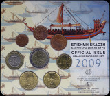 GREECE: Euro coin set (2009) composed of 1, 2, 5, 10, 20 and 50 Cent & 1 and 2 Euro. Inside official commemorative blister for ship of Thera (17th cen...