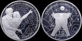 GREECE: 10 Euro (2011) in silver (0,925) commemorating the XIII Special Olympics. Highlight from an event during the games on obverse. Stylized elemen...