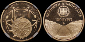 GREECE: 100 Euro (2011) in gold (0,917) commemorating the XIII Special Olympics. The logo of Special Olympic Games on obverse. Panathenean Stadium on ...