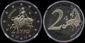 GREECE: 2 Euro (2012) in bi-metal. Map of the European continent on obverse. Representation of the capture of Europe by Zeus on reverse. Inside slab b...
