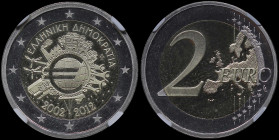 GREECE: 2 Euro (2012) in bi-metal commemorating the 10 years of the Euro. Inside slab by CCG "PF 69 CAMEO". Cert number: AA111312". (Hellas E.8.12a).