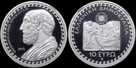 GREECE: 10 Euro (2013) in silver (0,925) commemorating the Greek Culture / Philosopher - Hippocrates. Bust of Hippocrates facing left on obverse. Insi...