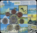GREECE: Euro coin set (2013) composed of 1, 2, 5, 10, 20 & 50 Cent and 1 & 2. Inside official commemorative blister for Myconos-Delos issued by the Ba...