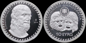 GREECE: 10 Euro (2014) in silver (0,925) commemorating the Greek Culture / Tragedians - Euripides. Bust of Euripides facing right on obverse. Inside s...