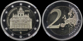 GREECE: 2 Euro (2016) in bi-metal commemorating the 150 years from the Arkadi Monastery Torching. Inside slab by CCG "PF 69 CAMEO". Cert number: AA570...