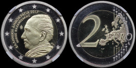 GREECE: 2 Euro (2017) in bi-metal commemorating the 60 years in memoriam of Nikos Kazantzakis. Inside slab by CCG "PF 70 CAMEO". Cert number: AA571686...