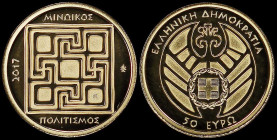 GREECE: 50 Euro (2017) in gold (0,999) commemorating the Cultural legacy / Minoan Civilization. A representation of the labyrinth of Minotaur on obver...
