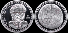 GREECE: 10 Euro (2018) in silver (0,925) commemorating the Greek Culture / Historians - Herodotus. Bust of Herodotus facing on obverse. Inside its off...