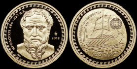 GREECE: 200 Euro (2018) in gold (0,917) commemorating the Greek culture / Historians - Herodotus. Bust of Herodotus facing on obverse. Inside its offi...