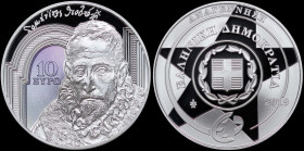 GREECE: 10 Euro (2019) in silver (0,925) from Europa Star series commemorating the Age of Renaissance. Portrait of Theotokopoulos in purple glow backg...