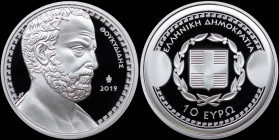 GREECE: 10 Euro (2019) in silver (0,925) commemorating the Greek Culture / Historians - Thucydides. Bust of Thucydides facing right on obverse. Inside...
