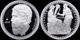 GREECE: 10 Euro (2019) in silver (0,925) commemorating the Greek Culture / Lyrical poets - Alcaeus. Bust of Alcaeus facing left on obverse. Inside its...