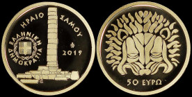 GREECE: 50 Euro (2019) in gold (0,999) commemorating the Cultural legacy / The Heraion of Samos. Ruins of the Temple of Hera on obverse. Inside its of...