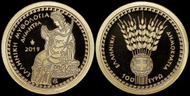 GREECE: 100 Euro (2019) in gold (0,999) commemorating the Hellenic Mythology / The Olympian Gods - Demeter. Goddess Demeter sitting on obverse. Inside...