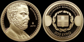 GREECE: 200 Euro (2019) in gold (0,917) commemorating the Greek Culture / Historians - Thucydides. Bust of Thucydides facing right on obverse. Inside ...