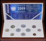 GREECE: Euro coin set (2019) of 10 coins composed of 1, 2, 5, 10, 20 & 50 Cent and 1 & 2 Euro and two Greek commemorative 2 Euro. Inside official wood...