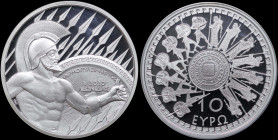 GREECE: 10 Euro (2020) in silver (0,925) commemorating the 2500 years since the Battle of Thermopylae. The Spartan King Leonidas holding a shield betw...