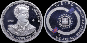 GREECE: 10 Euro (2022) in silver (0,925) commemorating Philhellenes / Lord Byron. Portrait of Lord Byron and dates of birth and death below on obverse...