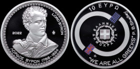 GREECE: 10 Euro (2022) in silver (0,925) commemorating Philhellenes / Lord Byron. Portrait of Lord Byron and dates of birth and death below on obverse...