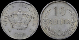 GREECE: 10 Lepta (1900 A) in copper-nickel. Royal crown and inscription "ΚΡΗΤΙΚΗ ΠΟΛΙΤΕΙΑ" on obverse. Inside slab by PCGS "MS 63". Cert number: 17274...