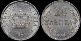 GREECE: 20 Lepta (1900 A) in copper-nickel. Royal crown and inscription "ΚΡΗΤΙΚΗ ΠΟΛΙΤΕΙΑ" on obverse. Inside slab by PCGS "MS 63". Cert number: 17248...