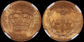 GREECE: 2 Lepta (1901 A) in bronze. Royal crown and inscription "ΚΡΗΤΙΚΗ ΠΟΛΙΤΕΙΑ" on obverse. Inside slab by NGC "MS 65 RD". Cert number: 3938695-017...