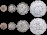 GREECE: Lot of 4 coins (1901) composed of 1 Lepton, 50 Lepta, 2 Drachmas & 5 Drachmas. (Hellas C.2 + C.8 + C.10 + C.11). Very Good to Extra Fine condi...