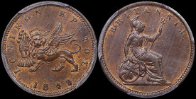 GREECE: 1 new Obol (1849.) in copper. The lion of St Mark and inscription "ΙΟΝΙΚΟΝ ΚΡΑΤΟΣ" on obverse. Dot after date. Inside slab by PCGS "MS 64 BN"....